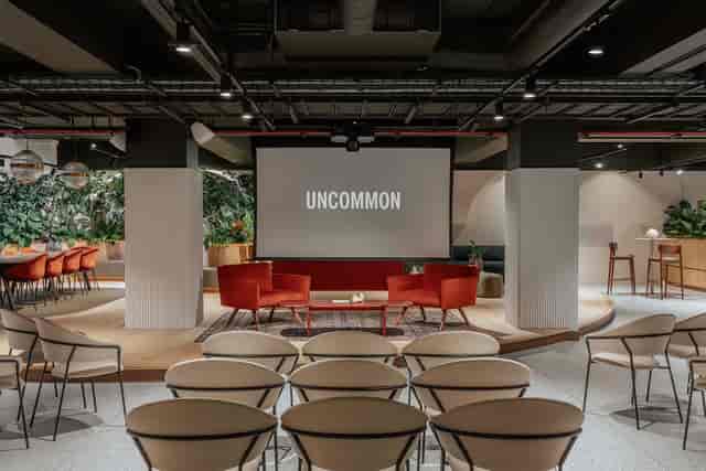 Modern event space in Central London with versatile seating and "UNCOMMON" display.