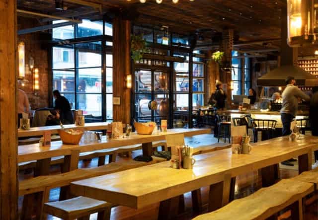 Industrial-chic venue hire for networking events and receptions with rustic communal seating.