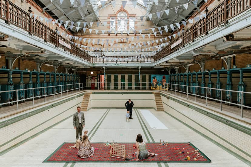 Victoria Baths Females Pool event stage for unique corporate hire and wedding venue settings.