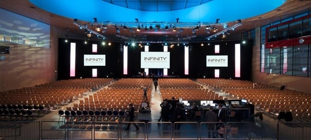 Ballhausforum plenary stage with theater seating for corporate events and professional conferences.