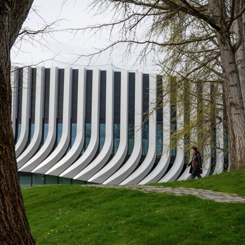 Modern SAP Garden press conference architectural exterior for corporate event branding.