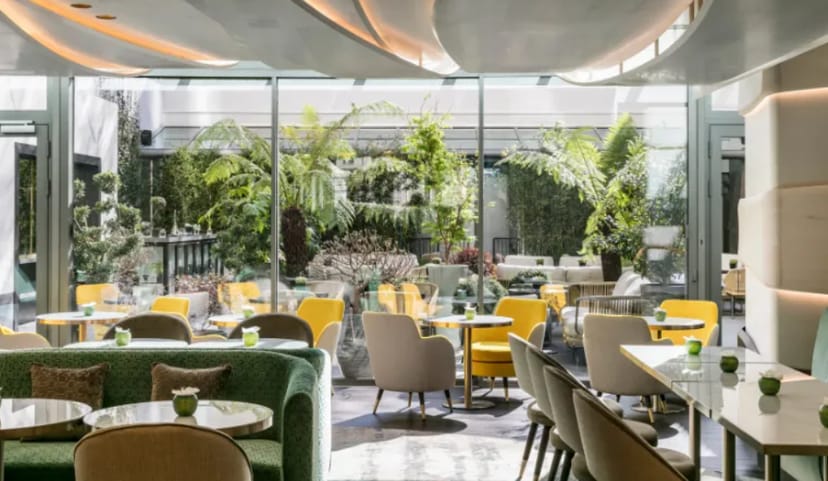 Lush biophilic garden venue for upscale networking and cocktail receptions.
