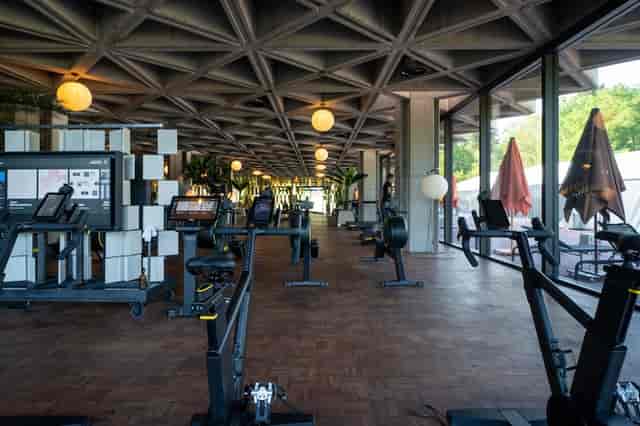 Brutalist gym at Mix Brussels, upscale fitness space for corporate incentive events.
