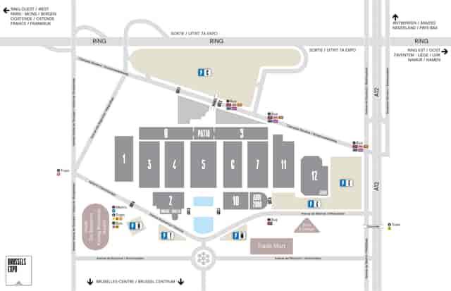 Brussels Expo site map showing parallel exhibition halls for trade shows and corporate events.
