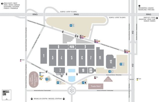 Brussels Expo site map showing parallel exhibition halls for trade shows and corporate events.