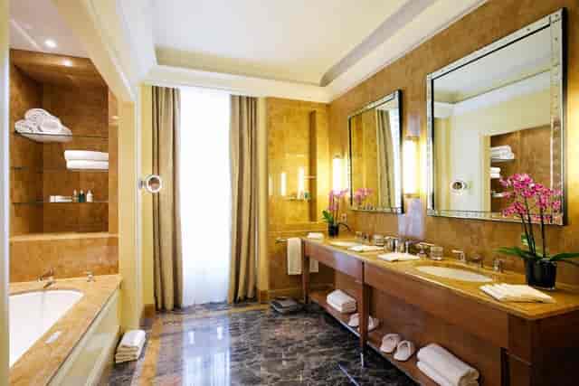 Luxury hotel bathroom at Theatre in Le Plaza for VIP executive accommodation.