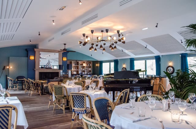 Elegant coastal venue with grand piano for corporate dinners and networking events.
