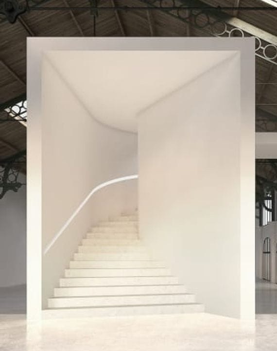 Minimalist architectural installation at La Patinoire Royale, event venue and product reveal space.