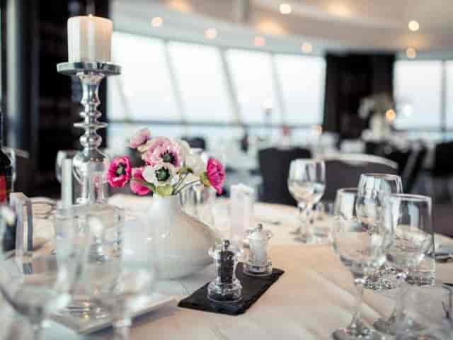 Elegant Diamond & Sky Lounge table setting for luxury corporate gala or wedding event.