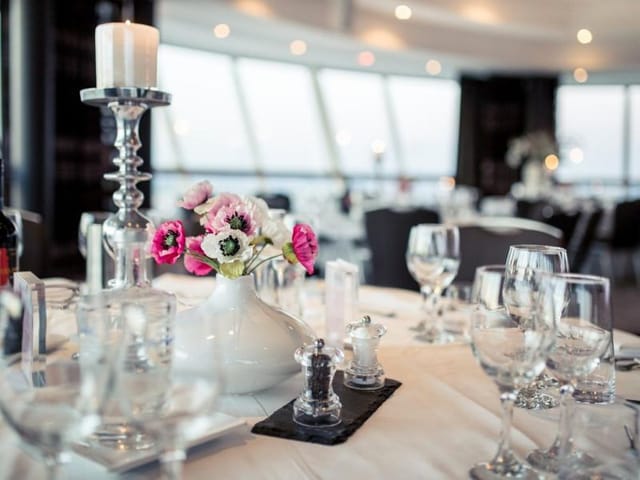 Elegant Diamond & Sky Lounge table setting for luxury corporate gala or wedding event.