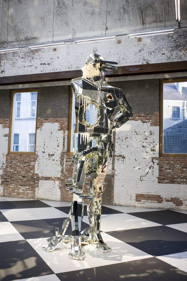 Avant-garde installation in industrial museum for modern gallery reception and brand activation.