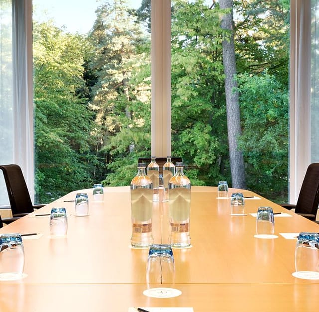 Boardroom in the woods, Dolce La Hulpe Brussels: biophilic executive strategy meeting space.