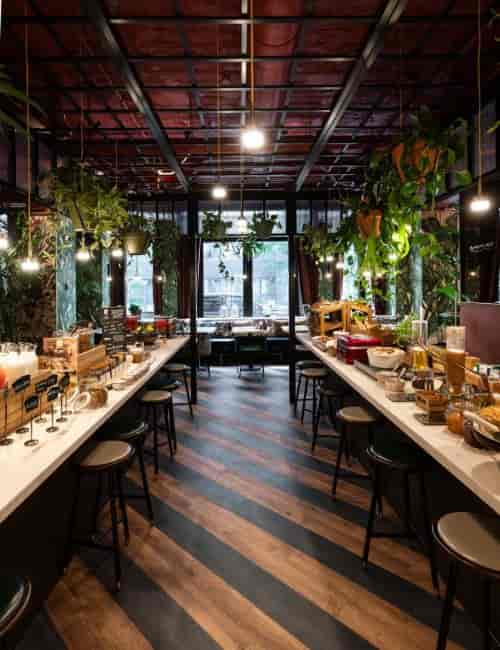 Biophilic café breakfast station for corporate networking events and morning breakout sessions.