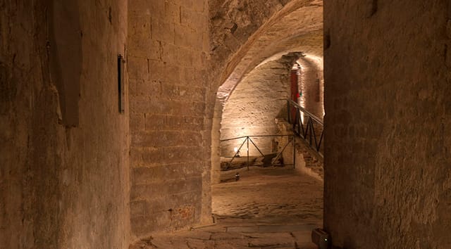 VIP event space in historic Coudenberg Palace chambers, featuring atmospheric lighting.