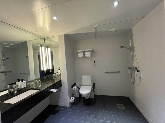 ADA-compliant hotel bathroom with grab bars for inclusive event room block planning.