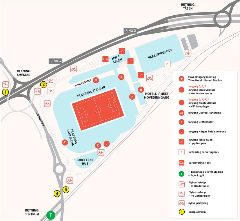 Wayfinding map for Meet Ullevaal conference venue, showing stadium and hotel flow logistics.