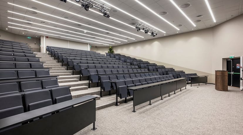 Vika Auditorium: Tiered lecture hall with workstations for corporate seminars and academic training.