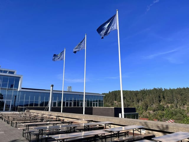 Modern outdoor terrace at Oslofjord Convention Center for corporate offsites and summer receptions.