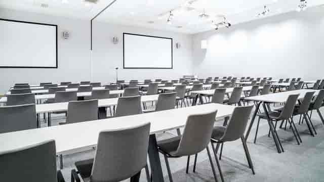 Classroom-style meeting room at Radisson Oslo Airport for corporate workshops and training.