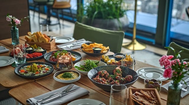 Rustic wood dining table at The Top Terrace for team luncheon or networking event.