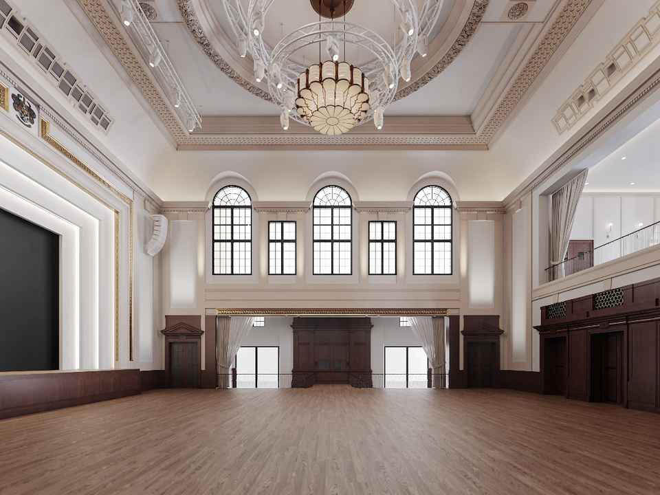 Elegant Vision Hall with high ceilings, ideal for corporate events and upscale gatherings.