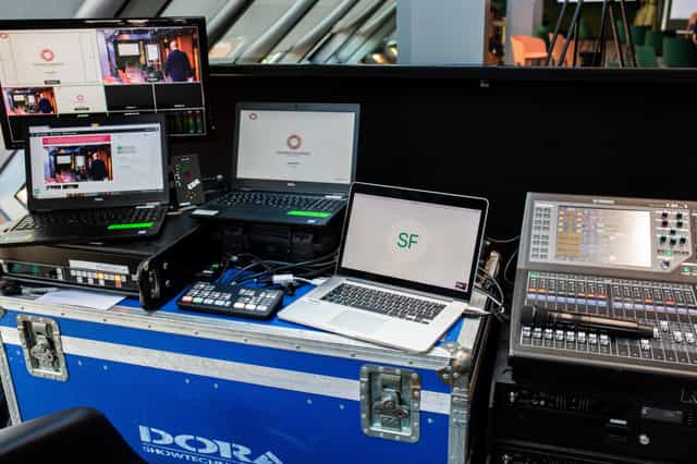 Professional production suite in Hartmanns lounge for hybrid event and live stream setup.
