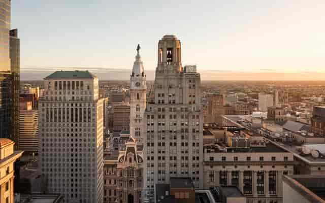 Iconic skyline view at 123 South Broad rooftop, ideal for premium corporate receptions and events.