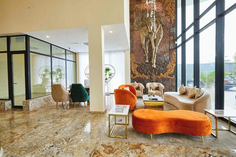 Contemporary Mosaic Hall at Vintano Hotel featuring a striking wall for VIP events and networking.