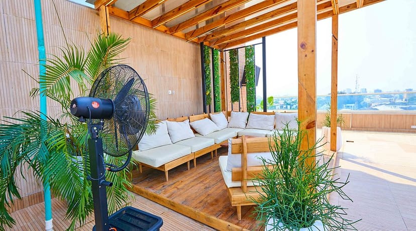 Vintano Hotel rooftop pool lounge: modular seating for corporate events and networking mixers.