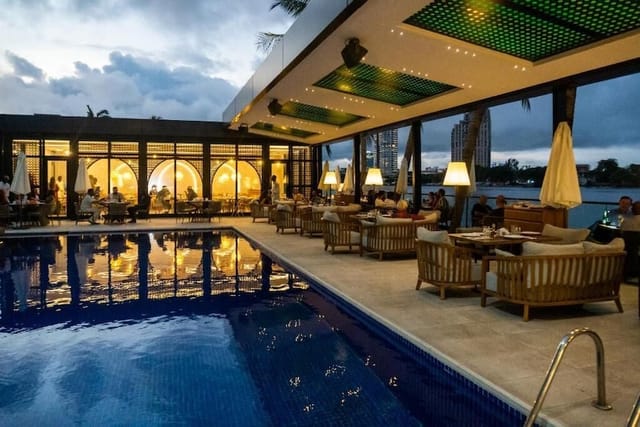 Luxury waterfront lounge at Maroko Bayshore Suites, perfect for corporate events and VIP receptions.