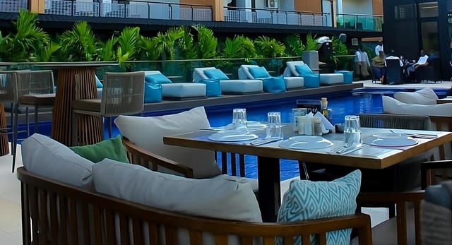 Upscale poolside restaurant with lounge seating for incentive receptions and corporate events.