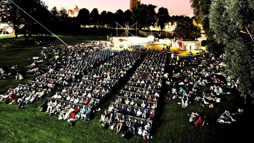 Kino Open Air: outdoor cinema with theater seating for film festivals and public screening events.
