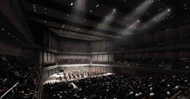 Isarphilharmonie stage with tiered seating for orchestral performance and concert venue events.