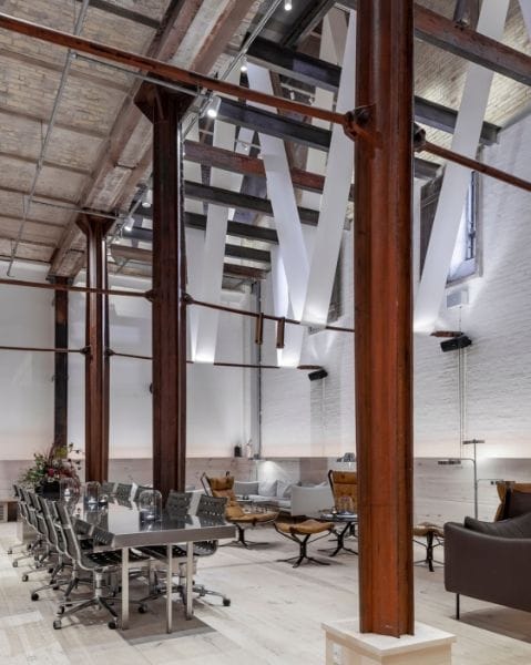 Ottilia Hall industrial-chic venue with exposed beams for upscale dinner and boutique events.