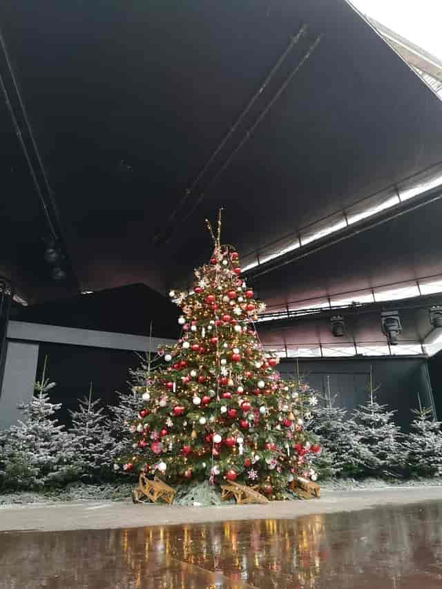 Glass Hall Theatre holiday production with centerpiece tree for corporate events and stage shows.
