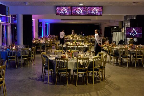 Banquet hall in Marketenderiet with atmospheric lighting, ideal for corporate dinner or gala events.