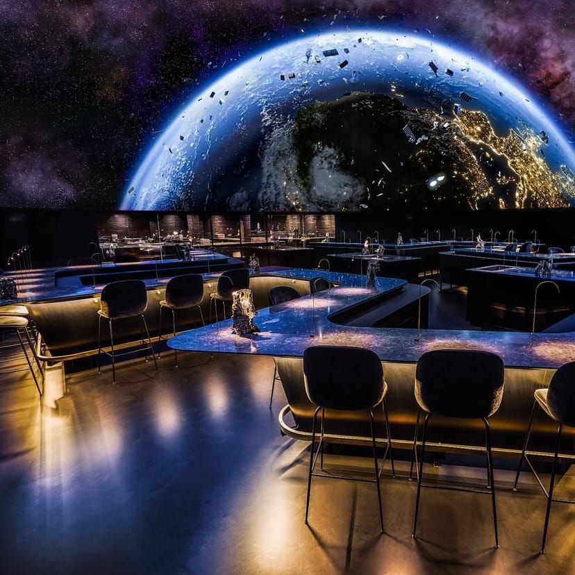 Futuristic Alchemist restaurant lounge with projection mapping for high-end experiential events.