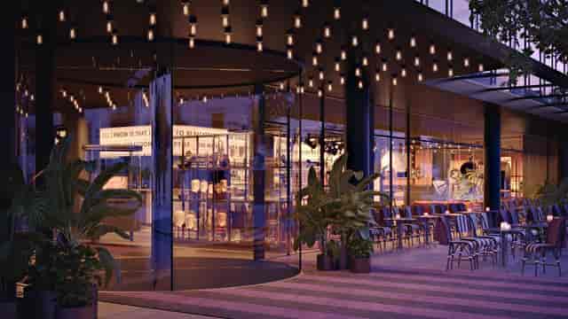 Scandic Falkoner outdoor conference venue with sophisticated lighting for events and receptions.