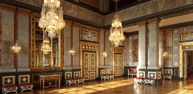 Ornate Christiansborg Slot reception room with crystal chandeliers for luxury galas and VIP events.