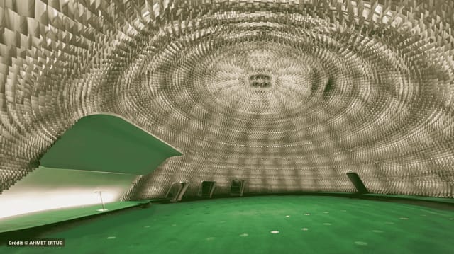 Odyssée Espace Niemeyer: Circular plenary room with dramatic acoustic ceiling for corporate events.
