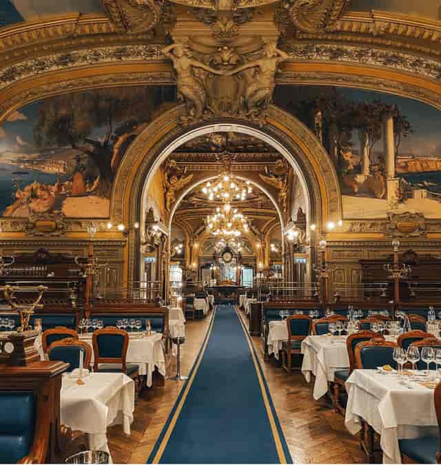 Historic Le Train Bleu banquet hall for luxury galas and VIP dinner events.
