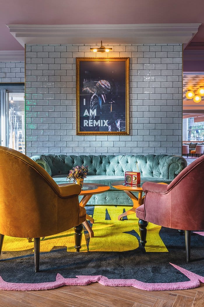 Eclectic hotel bar lounge for creative networking and corporate brainstorming events.