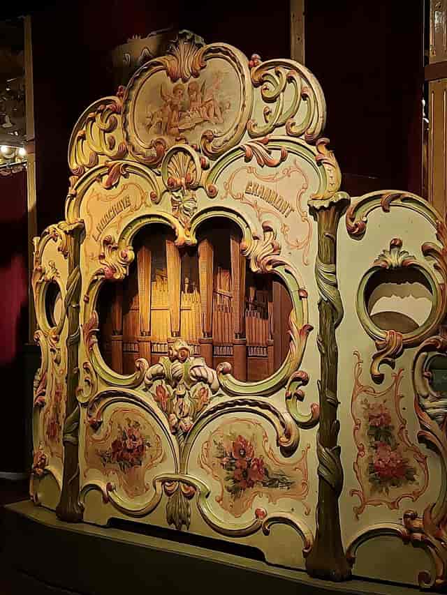 Vintage fairground organ at Museum of Fairground Art for gala and immersive event rental.