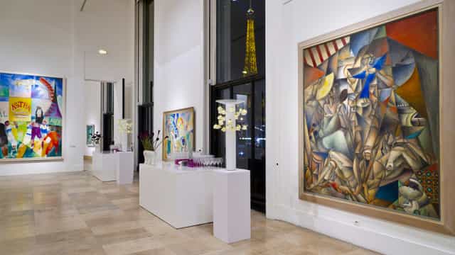 Minimalist gallery event space at Musée d’Art Moderne for upscale reception or networking mixer.