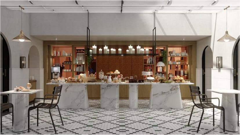 Marble breakfast station at Hôtel Grand Cœur Latin for upscale networking and corporate events.