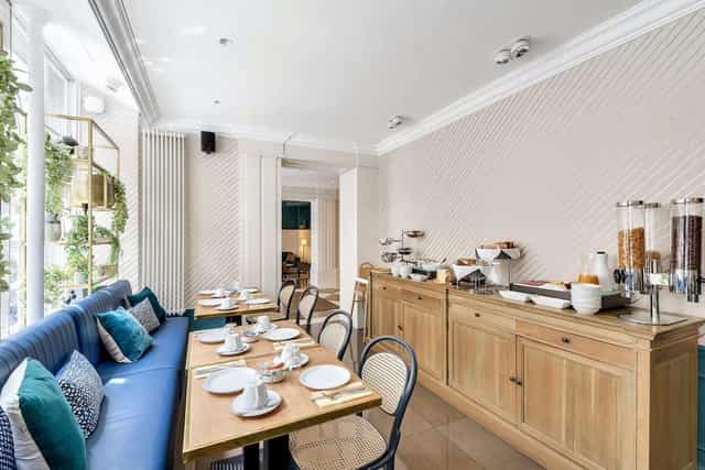 Hotel Passy Eiffel lounge with bench seating for private dining and small group events.