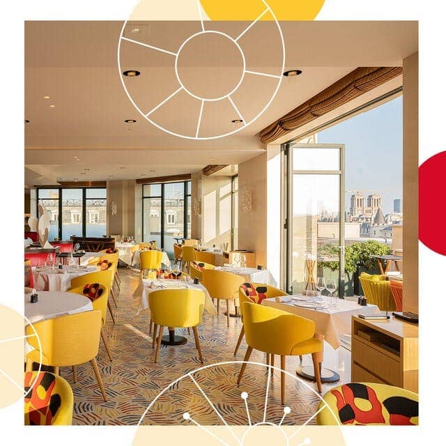 High-end Parisian restaurant for corporate luncheons and VIP receptions with city views.