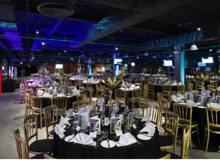 Elegant banquet hall at Anfield Stadium, perfect for corporate events and celebrations.