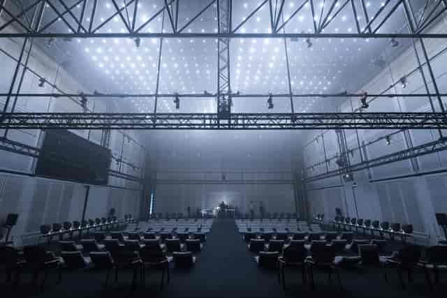 Centre Pompidou auditorium with overhead rigging, perfect for corporate keynotes or product launches.