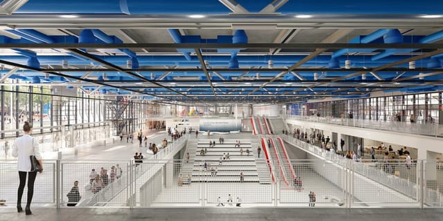 Centre Pompidou Forum: industrial event space with tiered seating for conferences and meetings.